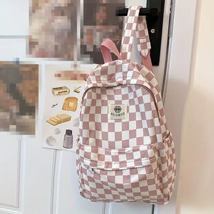 Leisure Backpack, Korean Version, Checkered Contrasting Colo