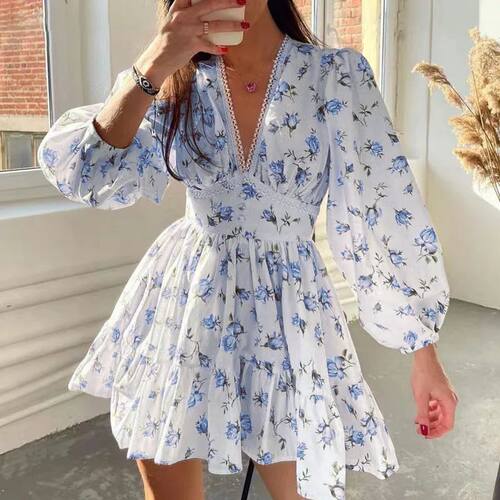 Printed V-Neck Lace Dress Floral Print Puff Sleeves A Line W