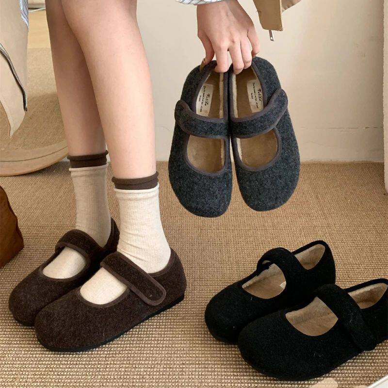 Winter Flat Women Mary Jane Shoes 2025 New Fur Lining Warm W