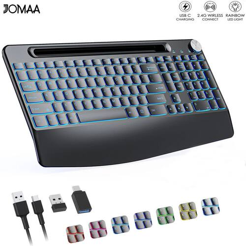 Wireless Keyboard with 7 Colored Backlits, Wrist Rest, Phone