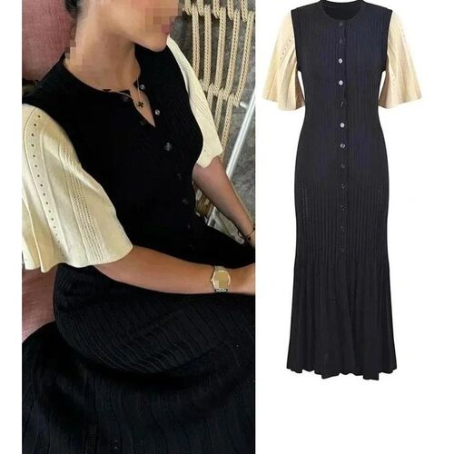 Knitted Maxi Dress For Women elegant Short Sleeve Hollow Out