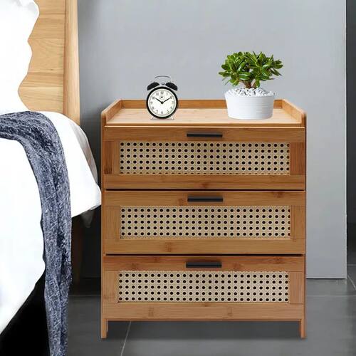 3- Drawer Bamboo Wood Bedside Table Nightstand Storage Cabin