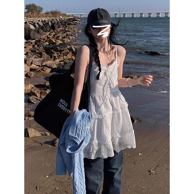 White Lace Strap Dress Women's Spring Summer 2025 New Popula