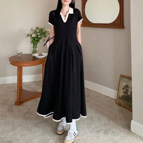 Plus Size Office Lady's Elegant Black Dress Short Sleeve Loo