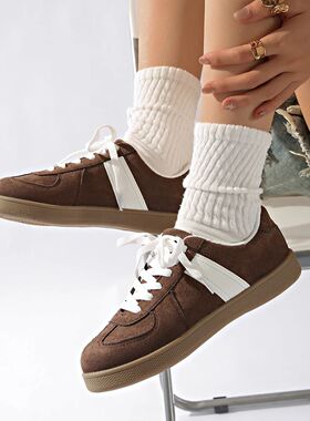 Classic Brown Spliced German Trainer Shoes Flat Sneakers for