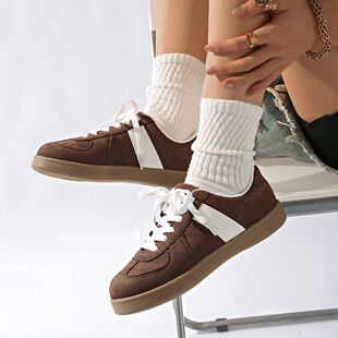 Classic Brown Spliced German Trainer Shoes Flat Sneakers for