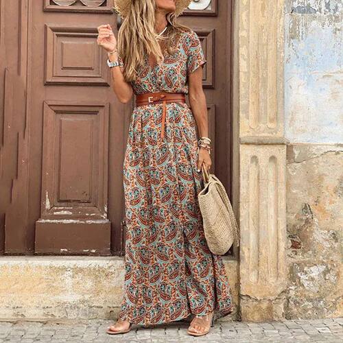 Elegant Floral Pleated H shaped Midi Dress Female V Neck Puf