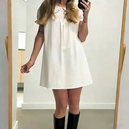 Women Cute Babydoll Mini Dress Peter Pan Collar Ruffle Short