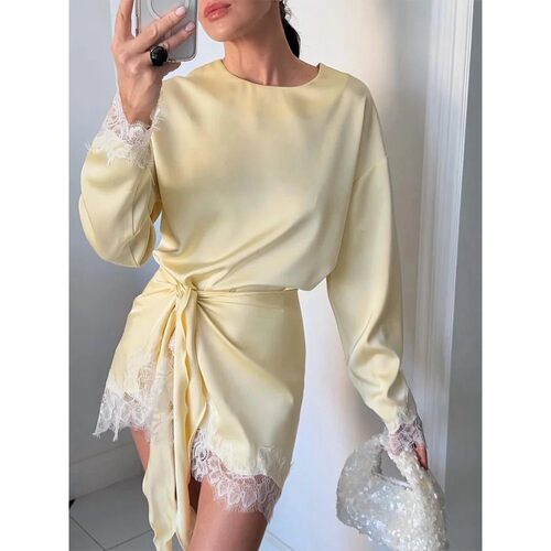 Women Light Blue Lace Satin Round Neck Dress Elegant Side Ti