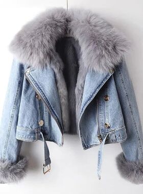 New Winter Denim Jacket Women Fashion Overcoat Faux Fox Fur