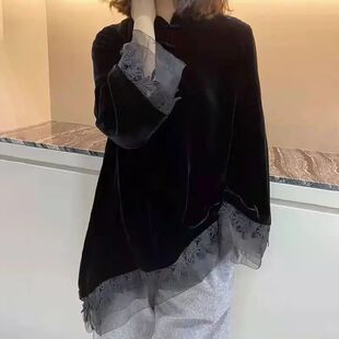 Retro Black Velvet Qipao Top New Chinese Style Stand Up Coll