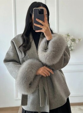 Tossy Fox Fur Wool Overcoat Women's Short Coat Office Lady E