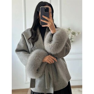 Tossy Fox Fur Wool Overcoat Women's Short Coat Office Lady E