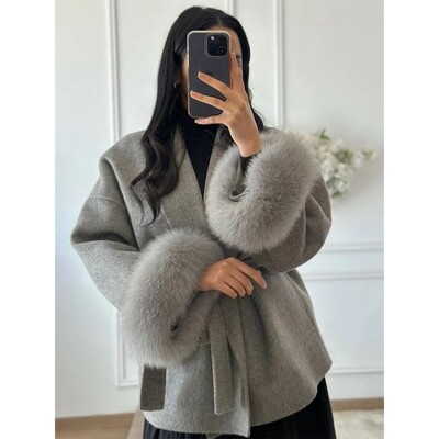 Tossy Fox Fur Wool Overcoat Women's Short Coat Office Lady E