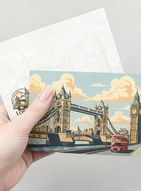 COLORMASH原创 伦敦塔桥大本钟红色巴士英国旅行纪念明信片贺卡