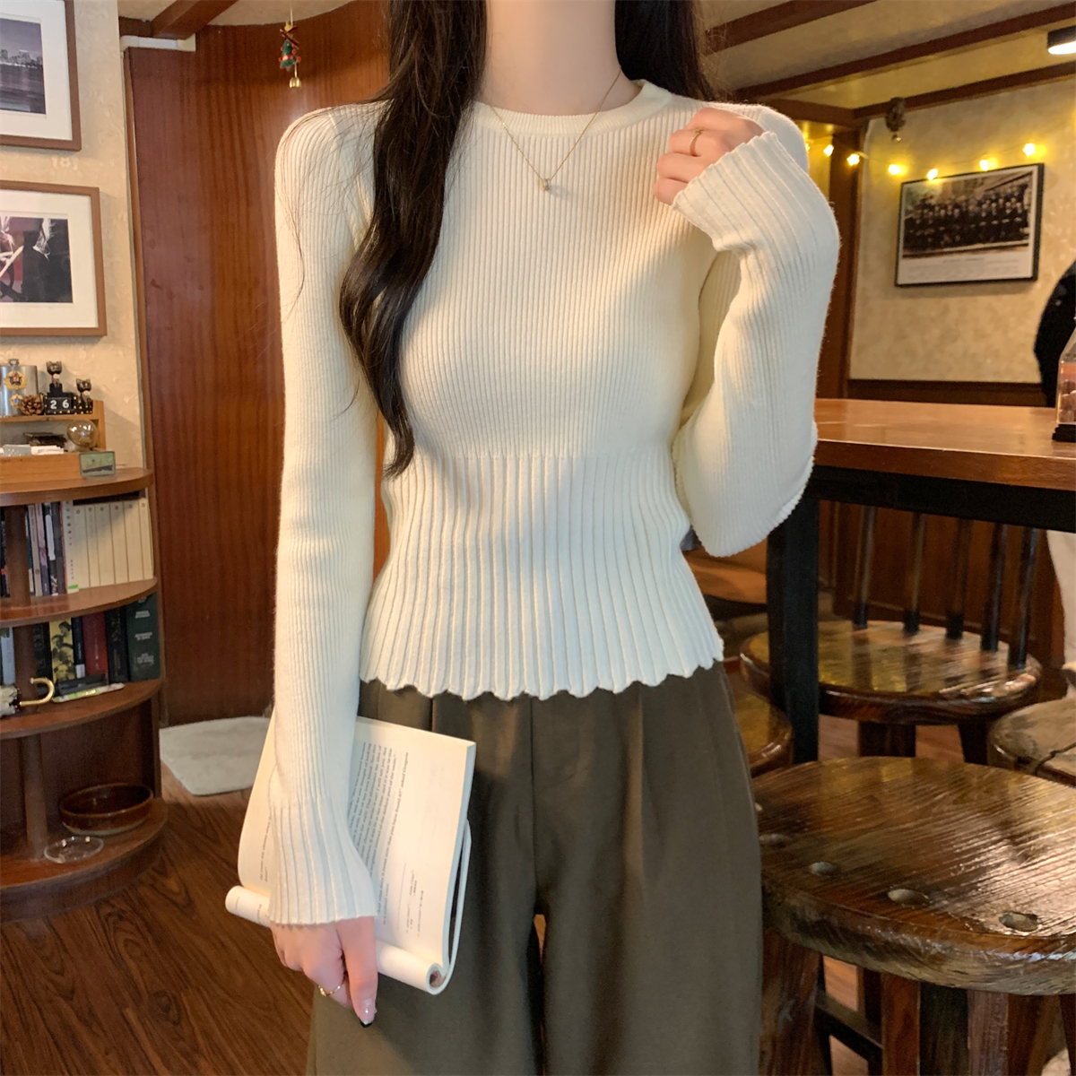 韩式圆领坑条内搭针织打底衫上衣