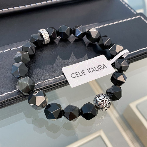 黑曜石切面珠925银六字真言手串