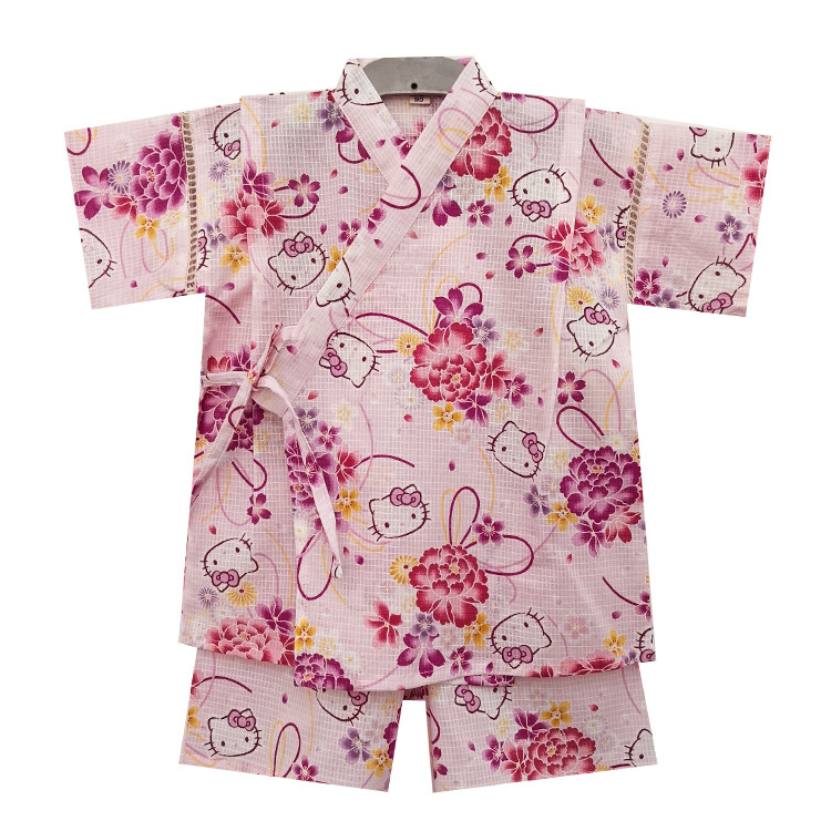 粉色小猫纯棉女孩睡衣儿童和服套装宝宝汗蒸服浴衣舒适偏襟家居服图片