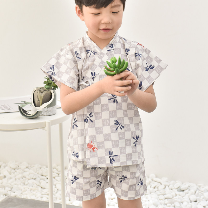 日本单甚平男孩和服夏季宝宝短袖薄软家居服汗蒸纯棉睡衣蜻蜓温泉
