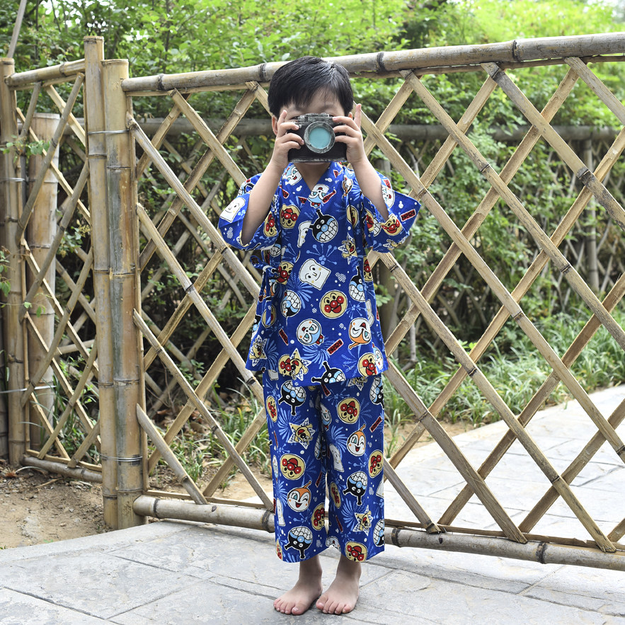日本甚平男女孩和服长袖套装儿童纯棉睡衣宝宝空调房家居服蓝卡通