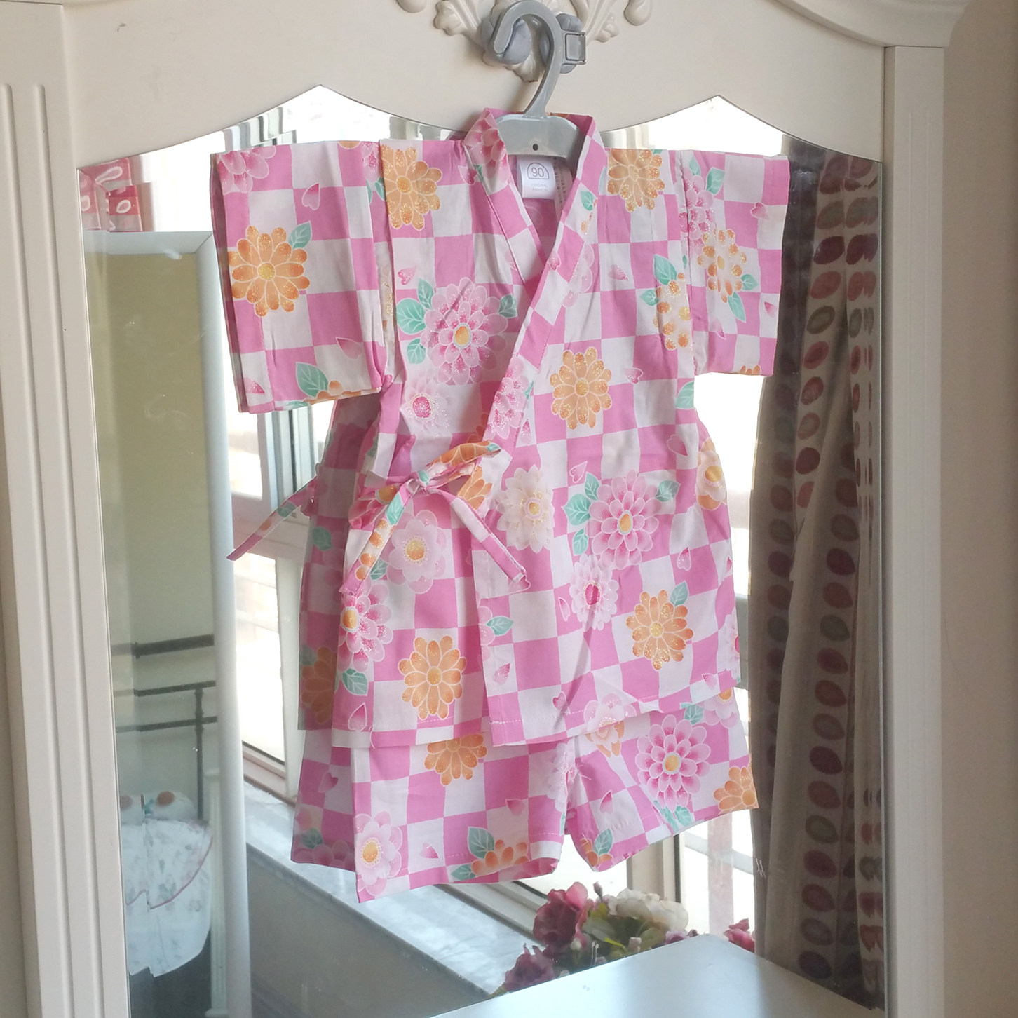 纯棉布 日本原单甚平女宝宝儿童和服套装家居演出汗蒸樱花格子粉