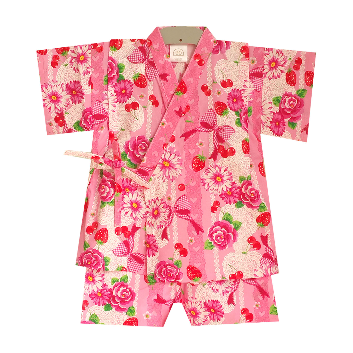 纯棉布 日本原单女宝宝童和服套装家居服演出汗蒸蕾丝水果粉色