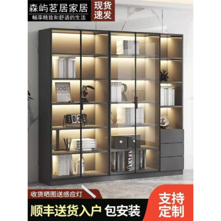 家用客厅一体整墙到顶书柜带玻璃门展示酒柜轻奢定制书架实木手办