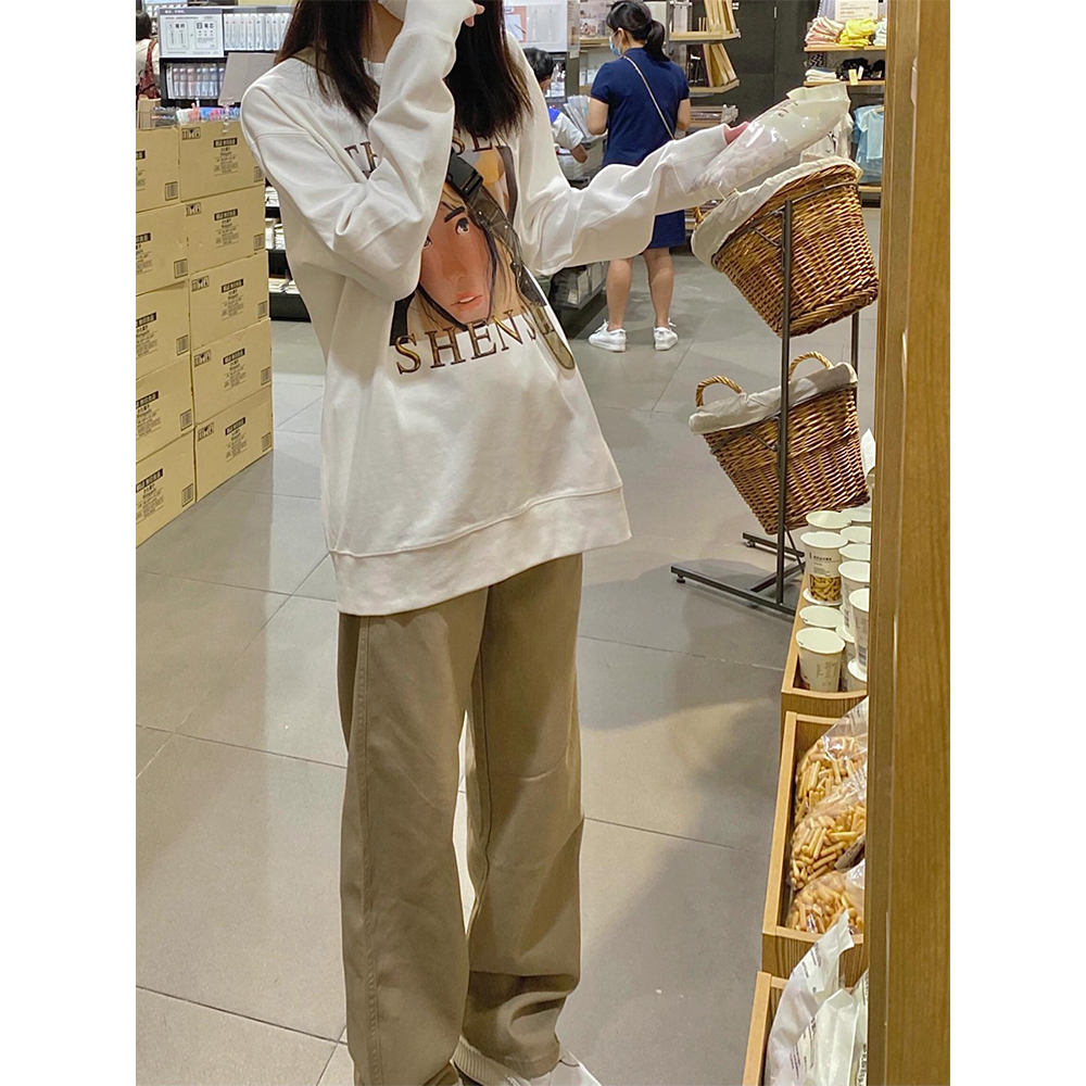 卡其色直筒牛仔裤女宽松显瘦高腰chic港味裤子复古百搭拖地裤子潮