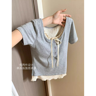 92%棉8%氨綸 小個(gè)子甜酷辣妹風(fēng)短上衣 t恤女新款 小香風(fēng)假兩件短袖