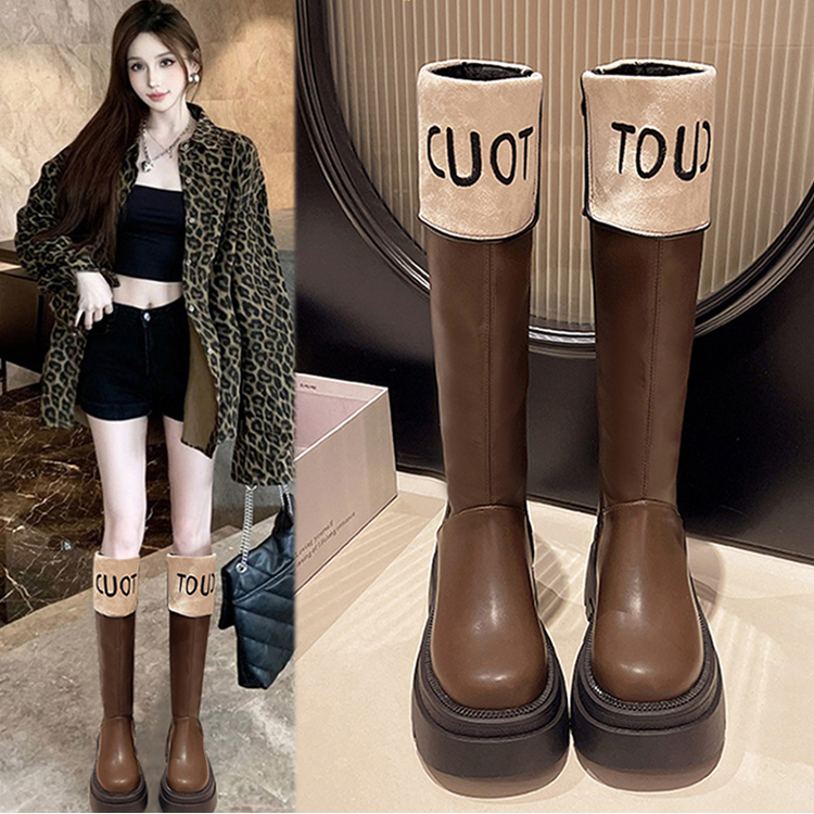 山吉长筒靴女拼色2025秋冬季