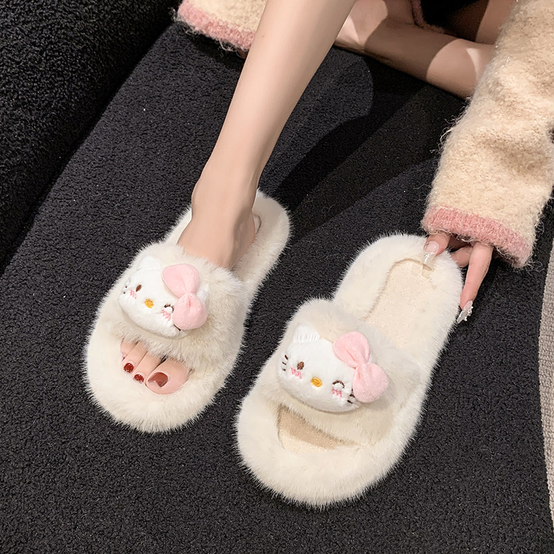 日本Kitty一字毛毛拖鞋女秋冬新款露趾平底防滑毛绒拖凯蒂猫棉拖,女鞋,毛毛鞋,淘宝优惠券,粉丝福利购,淘宝优惠卷
