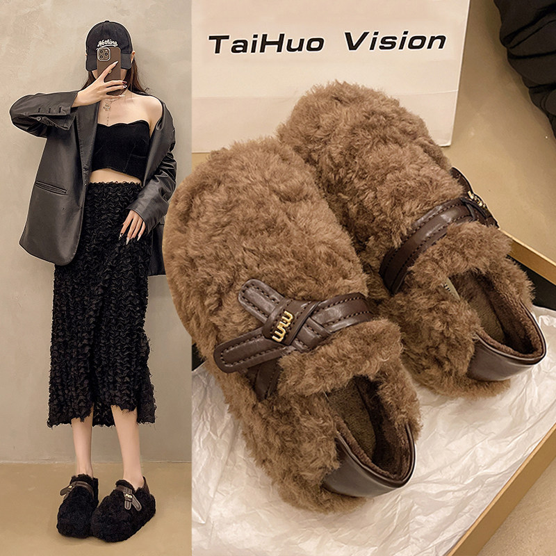 山吉羊羔毛毛鞋女外穿2025冬季