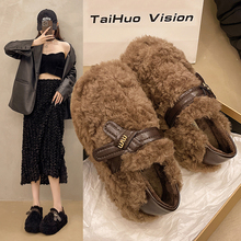 日本羊羔毛毛鞋女外穿2025冬季新款厚底百搭一脚蹬豆豆鞋加绒棉鞋