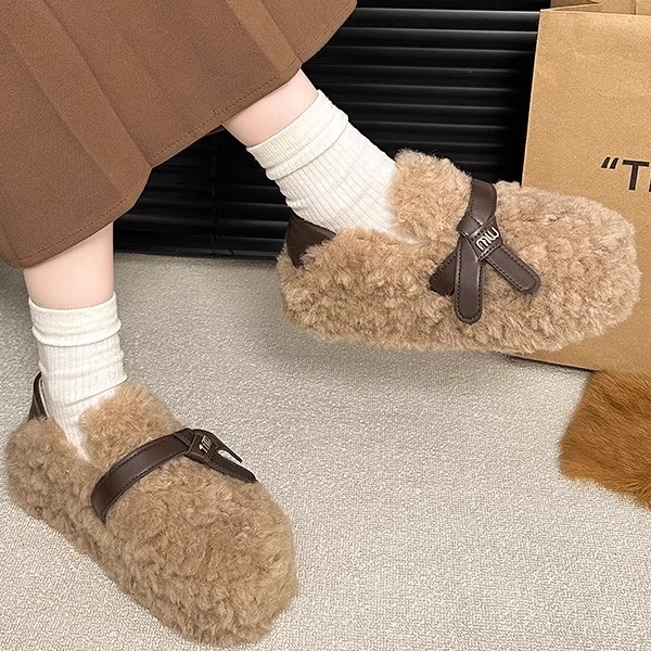 山吉豹纹羊羔毛毛鞋女蹬豆豆鞋