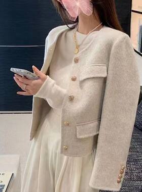 反季 双面羊毛大衣 短款小个子圆领小香风通勤羊毛绒双面呢外套女