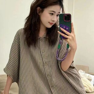 领可外穿薄款 新款 纯棉纱衬衫 家居服套装 短裤 条纹五分袖 睡衣女夏季
