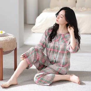 100%纯棉可外穿家居服春 全棉七分袖 七分裤 睡衣女夏天格子薄款 套装