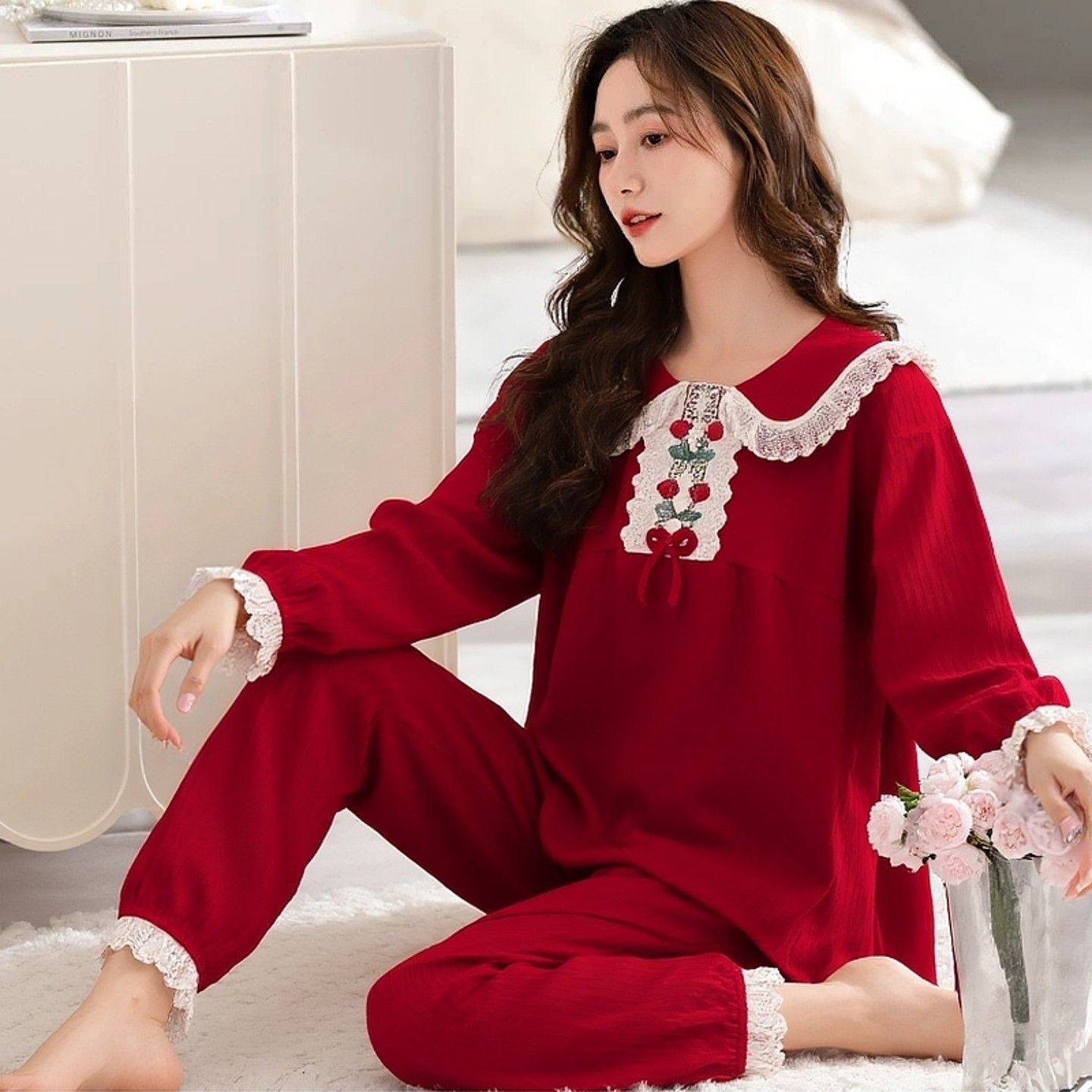 韩版气质甜美公主风娃娃领套头蕾丝花边长袖长裤睡衣女士秋天套装