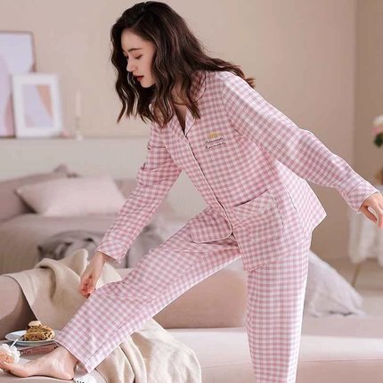 100%纯棉睡衣女士春秋季长袖全棉韩版甜美格子休闲家居服套装夏季