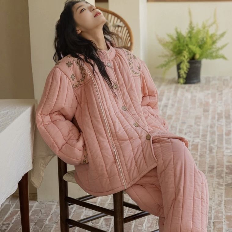 新款睡衣女秋冬季三层夹棉加绒加厚刺绣保暖家居服套装可外穿