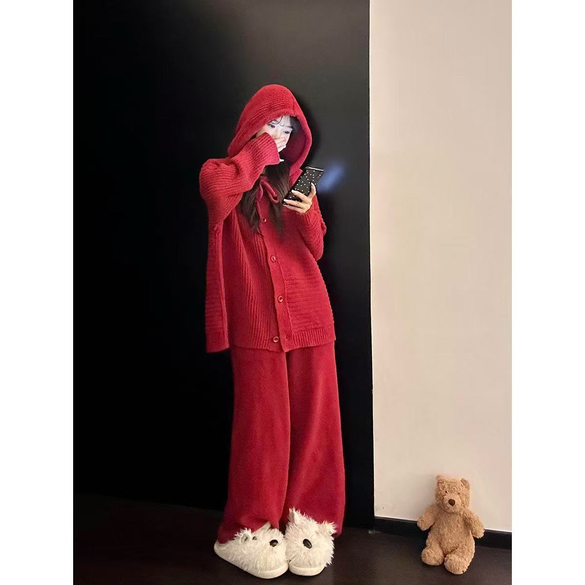 韩系简约风软糯连帽针织半边绒睡衣女秋冬加绒加厚保暖红色居家服