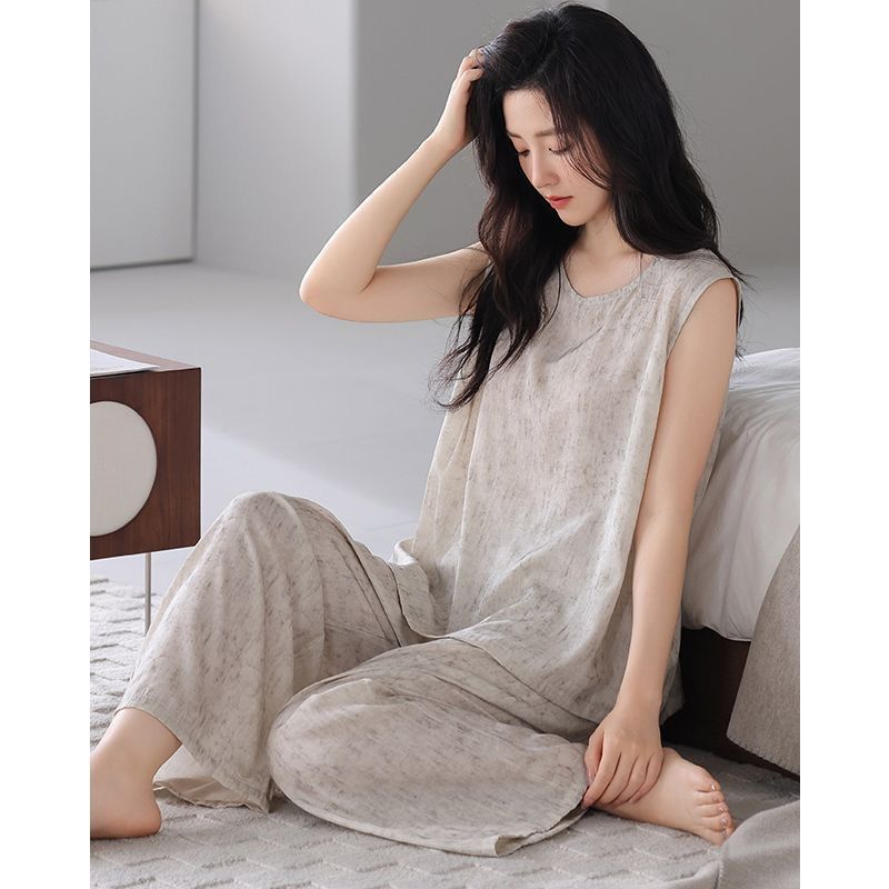 睡衣女士夏季新款无袖背心带胸垫家居服可外穿薄款休闲慵懒风套装