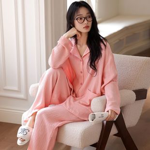 睡衣女士薄款 长裤 翻领开衫 纯色家居服套装 新款 春秋季 纯棉纱布长袖