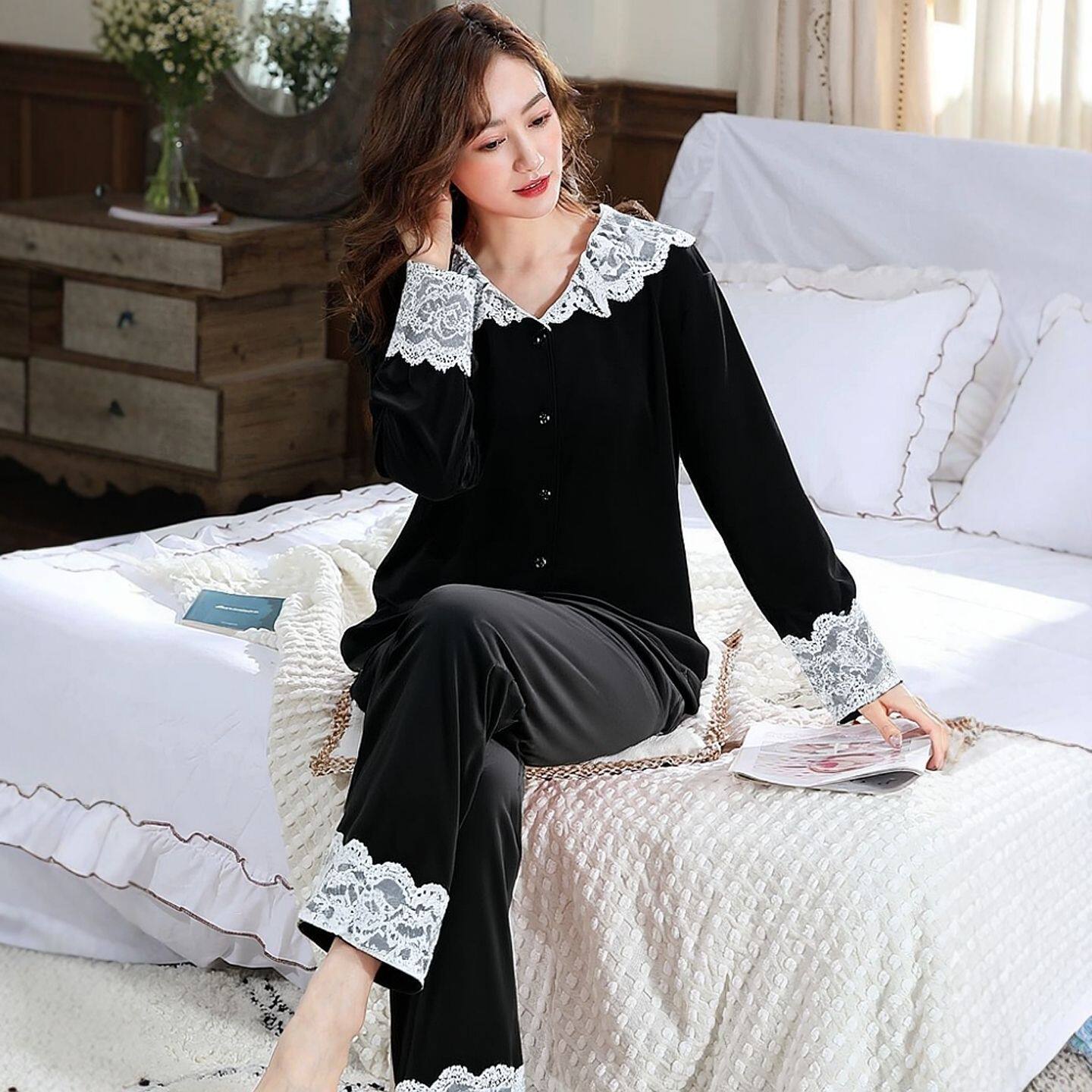 秋冬季新款法式宫廷风海岛绒加绒睡衣女士黑色蕾丝花边家居服套装