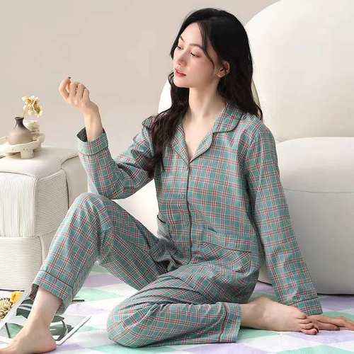 100%全棉格子睡衣女春秋季新款纯棉长袖长裤中年妈妈家居服