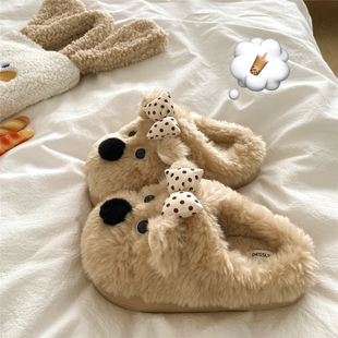 臭美小狗狗~！蝴蝶结ins可爱软萌居家棉拖鞋女保暖加绒毛毛拖鞋潮