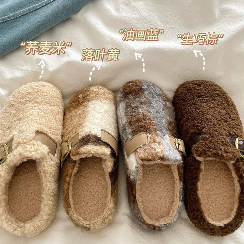 藤校艺术生~！油画蓝ins包头加绒勃肯棉拖鞋女厚底保暖毛毛拖鞋潮