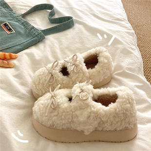 保暖雪地毛毛棉拖鞋 女冬季 暖和厚实加绒包跟棉鞋 芭蕾少女风格