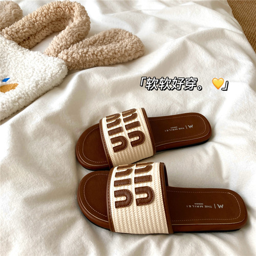 编织夏天~！度假风ins慵懒编织法式一字凉拖鞋女外穿透气沙滩拖鞋