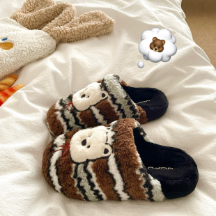 室内加绒毛毛拖鞋 女冬季 超厚实保暖居家ins厚底棉拖鞋 小熊木屋